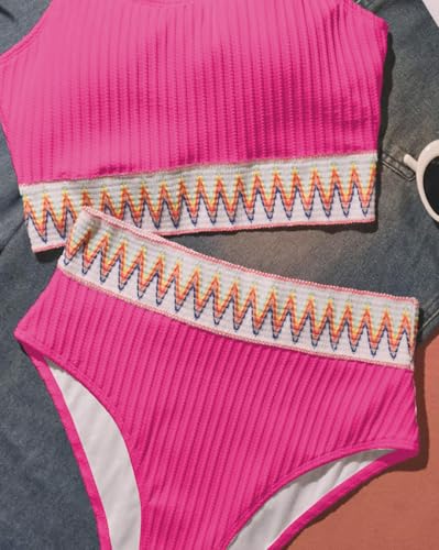 Image of Girls Swimsuit Two Piece Teen Bathing Suit High Waist Textured Bikini Set Woven Girls Swimwear 9-16Y