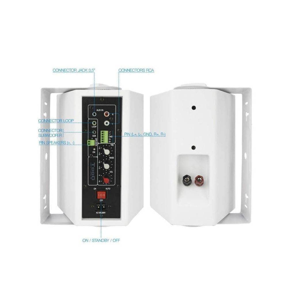 TooQ TQOWS-01W - Enceintes murales Autonomes, Puissance de Sortie RMS: 2x30W, Fréquence: 70Hz-16Khz, 2xRCA, 1x Jack 3.5, contrôleurs de Volume, Blanc