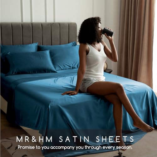 Image of MR&HM Satin Bed Sheets, King Size Sheets Set, 4 Pcs Silky Bedding Set with 15 Inches Deep Pocket for Mattress (King, Teal)