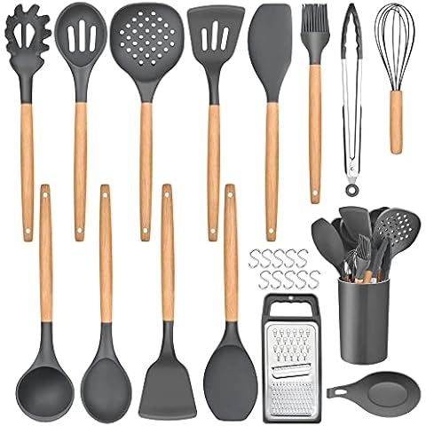 Kitchen Utensils Set, Joyfair 25 Pieces Soft Silicone Cooking Utensil Set with Holder, Natural Wooden Handle Kitchen Spatula Spoon for Cooking Baking, Non Stick & Heat Resistant, Grey Cover