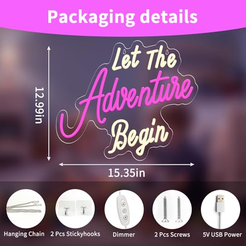 Image of Let The Adventure Begin Neon Sign, Pink & White LED Neon Light for Wedding Backdrop, Bachelorette Party Decor, Bridal Shower Photo Booth, Bedroom Wall Art, USB Powered Dimmable Neon Wall Sign