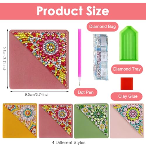 Image of DIY Diamond Painting Leather Corner Bookmarks Set of 4, Mandala Art Craft Kit for Readers Artists Students, Creative Handmade Gift for Book Lovers