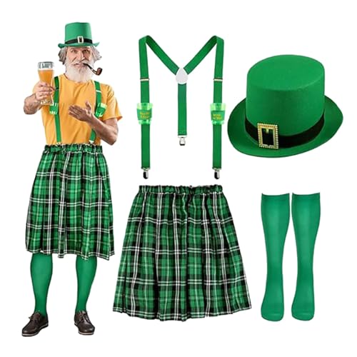 MaNMaNing Costume Saint Patrick Homme Tablier Vert Écossais Sommelier Serveur Fête Chapeau Haut Accessoires Irlande Célébration Ensemble Complet...