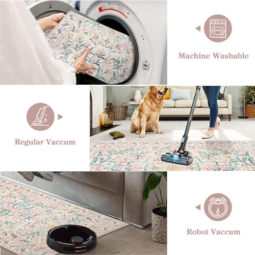 Lahome Pink Boho Rugs For Living Room 5X7, Washable Area Rugs For Bedroom Girls Non Slip, Soft Floral Low-Pile Nursery Carpet For Dining Room Kids Room Indoor thumb #3