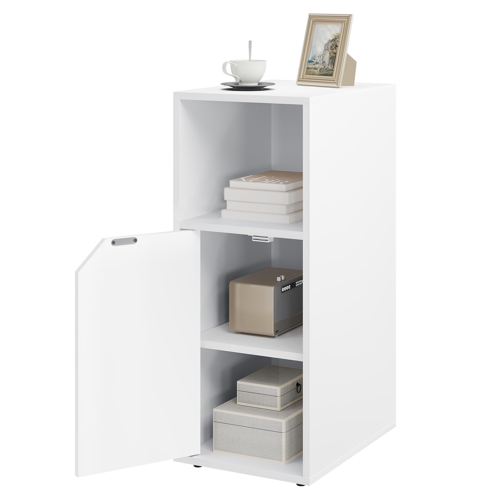 WOLTU Nachttisch schmal, Beistelltisch mit offenem Fach und Tür, Verstellbarer Ablage, 25x62x35 cm, Nachtschrank Bett, Nachtkästchen Nachtkommode modern, für Schlafzimmer, Weiß, NTS16ws