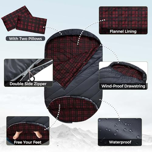 Image of KingCamp Double Sleeping Bag for Adults, Queen Size 2 Person XXL Flannel Sleeping Bag, Waterproof Lightweight Flannel Quilt with 2 Pillows, Perfect for Couples Family Camping Hiking