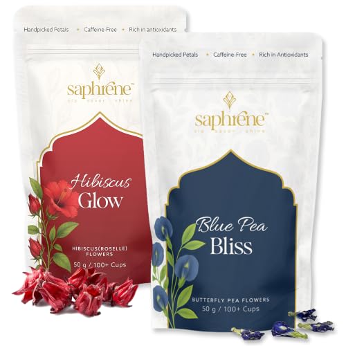 Image of Saphrene Butterfly Pea Flower & Hibiscus Tea Combo - 50g Each | Glow Ritual | Antioxidant Herbal Tea Combo | Weight Management + Skin Glow | Caffeine-Free | NABL Lab Tested
