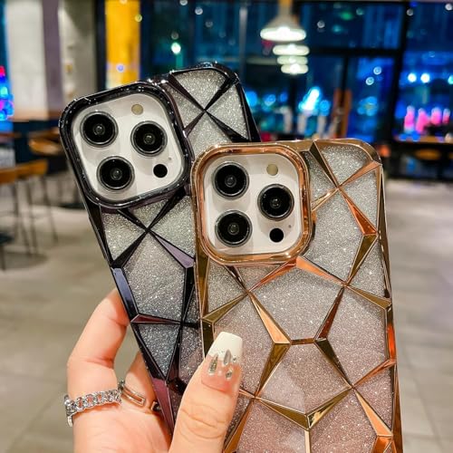 Image of VONZEE Gradient Glitter Case For iPhone 16 Pro Max, Luxury Electroplated 3D Cube, Diamond Bling Shiny Soft TPU Clear Shockproof Case Women Girls Protective Phone Cover (Black)