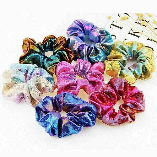 SHTGOI Pack of 8 Hair Scrunchies Elastic Fabric Hair Bobbles Laser Hair Bands Hot Embossing Two-Tone Rubber Bands Tie-Dye Silk Scrunchie Scrunchy Scrunchy Hair Accessories for Women and Girls Colours - Image 2