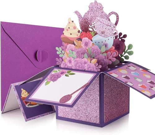 Giiffu Mothers Day Card, Tea Theme, Tea Time 3D Pop Up Cards, 3D Flower Pop Up Greeting Cards with Note Card and Envelopes, for Mothers Day, Birthday, Tea Party (Purple)