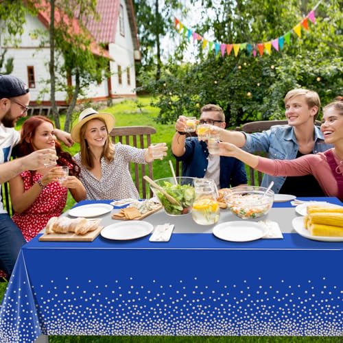 Image of 1Pcs Blue Silver Tablecloth Party Decorations,Plastic Royal Blue Table Cloth Printed Silver Table Runner Disposable Rectangle Tables Cover for Anniversary Wedding Graduation 2024 Party,54 x108 Inch