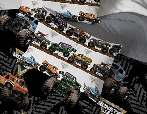 Image of Monster Jam Full Size Comforter Set 5 Piece Kids Bedding for Boys, Black | Grave Digger Megalodon, Comforter Sheets Pillowcases, Official Product, Soft Microfiber, Machine Washable, Boys Gift