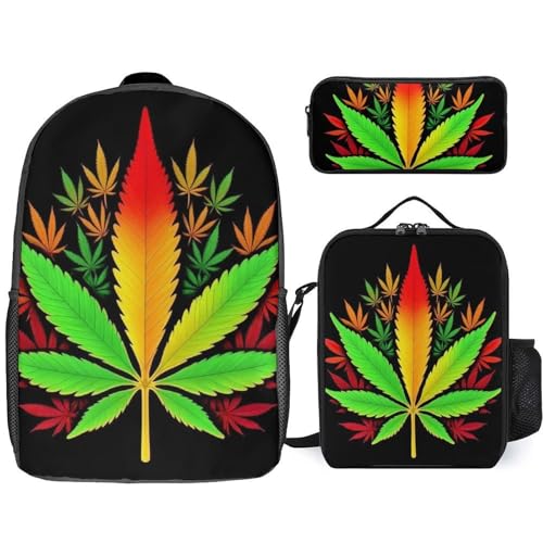 17 Inch Backpack with Lunch Bag and Pencil Case Set Rasta Flag Weedleaf Leaves Casual Daypack Insulated Lunch Box Stationery Organizer Pouch
