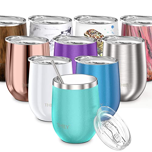 Thily Stainless Steel Stemless Wine Glass T1 Triple Vacuum Insulated Travel Wine Tumbler Cup With Lid And Reusable Straw, 12 Oz, Keep Drinks Cold Or Hot, Teal #TOP10