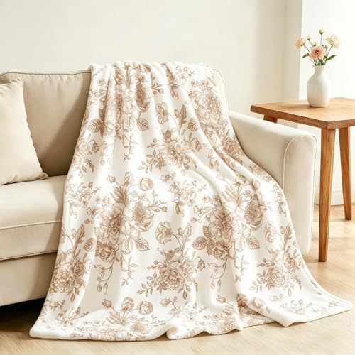 JarThenaAMCS Floral Fuzzy Blanket Tan Flower Throw Blanket Vintage Chinoiserie