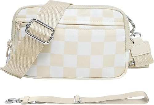 LOTEZAVA Wristlet Wallets for Women,Checkered Detachable Sling & Wristlet Bag - Quilted Nylon Crossbody Purse with 4 Zippers, Phone Holder, Travel Organizer for Women (white)