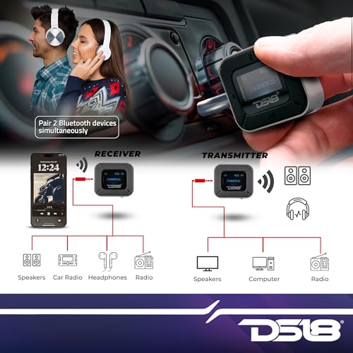 Image of DS18 BTR2D 2 in-1 Wireless Bluetooth 5.0 Transmitter Receiver for Car, Home, TV, PC, Headphones - Dual Devices Simultaneously - up to 12HR Usage - Wireless Audio Adapter 3.5mm Aux with LCD Screen