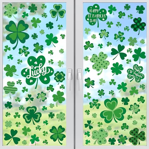 Image of 120 PCS St Patricks Day Decorations, 4 Sheets St Patricks Day Window Clings with Polka Dots Stripes Plaid Patterns, Double-Sided Green Party Decorations, Shamrock Window Clings for Home Decor