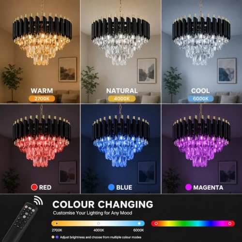 Image of Elegant Chandelier Ceiling Light for Living Room Hanging Pendant Light | Italian K9 Crystals | Metal Frame | Adjustable LED Light-Pack of 1 (Rotatable-300MM-Round-Black Gold-New)