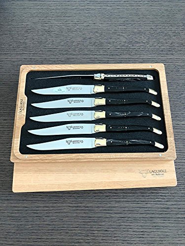 Laguiole en Aubrac 6-Piece Stainless Steel Steak Knife Set Buffalo Horn Handles with Brass Bolsters