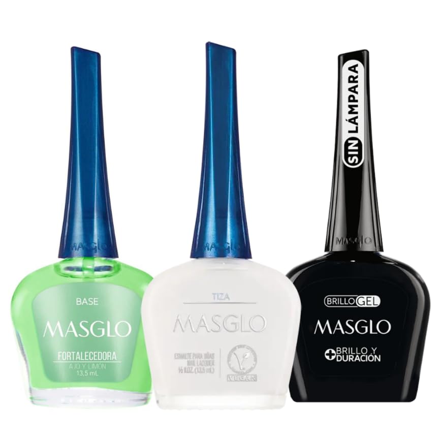 MASGLO Traditional Nail Polish 0.5 Fl. Oz. 3 piece kit with BASE FORTIFIER, color TIZA and TOPCOAT GEL