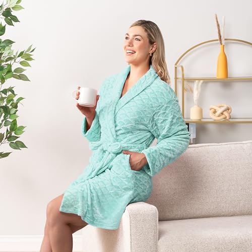 PAVILIA Mint Teal Womens Robes Lightweight, Knee Length Plush Fluffy Shower Bathrobe for College Dorm Ladies, Soft Fuzzy Cozy with Pockets, S/M - Thumbnail 5