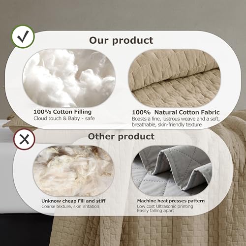 Image of palassio Dark Beige 100% Cotton Quilt King Size Bedding Sets with 2 Pillow Shams, Textured Lightweight Soft Bedspread Shabby Chic Coverlet, Quilted Comforter Bed Cover for All Season, 3 Pieces