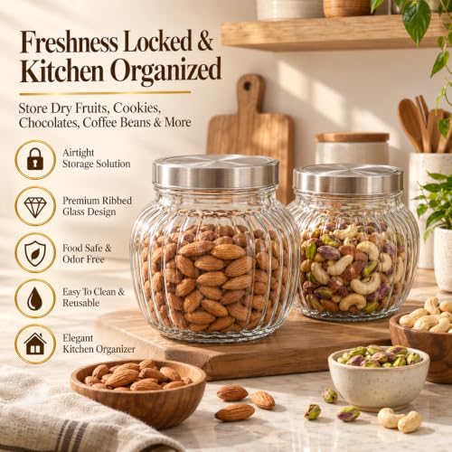 Image of bellemax 650ML Ribbed Glass Storage Jar with Airtight Metal Lid | Clear Kitchen Storage Container for Dry Fruits, Snacks, Cookies, Candy, Spices & Pantry Organizer Set of 2