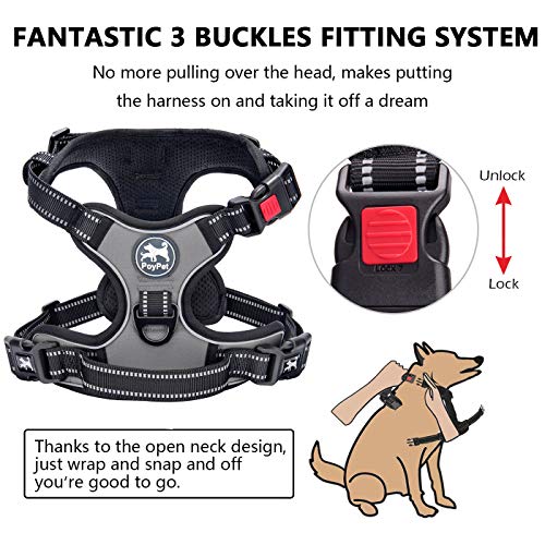 Image of PoyPet No Pull Dog Harness, No Choke Front Clip Dog Reflective Harness, Adjustable Soft Padded Pet Vest with Easy Control Handle for Small to Large Dogs(Grey,M)