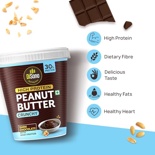 Image of DiSano High Protein Dark Chocolate Peanut Butter with Whey Protein, Crunchy 510g | 30g Protein. Gluten Free, Zero Cholesterol & Trans Fat | Post & Pre Workout snack (Pack of 3)
