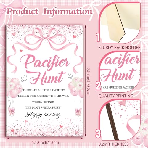 Image of Thyle 51 Pcs Pink Bow Pacifier Hunt Baby Shower Games Include Hunt Sign and 50 Acrylic Pacifiers Coquette Bow Themed Baby Shower Game Decoration Gift Sets for Girls Gender Reveal Party Decor