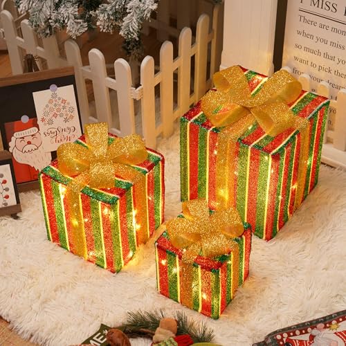 Aluusy Conjunto de 3 caixas de presente de Natal com luzes, 50 LED caixas de presente decorativo com controlo temporizador, 8 modos caixa iluminada luzes natalícias decorativas interior para árvore de