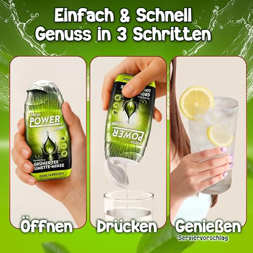 Fresh Power by Möller Sirup Zuckerfrei 65 ml — Getränkesirup mit wertvollen Vitaminen und Aminosäuren für Sport und Freizeit — Zero Sirup für 6,5 bis 10 Liter Getränk — Grüner Tee Limette Minze