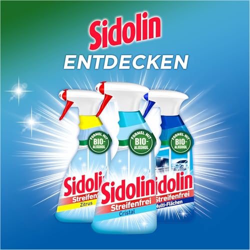 Sidolin Streifenfrei All in 1 Cristal (500 ml), Glasreiniger verleiht Sauberkeit, Glanz & Schutz, Fensterreiniger mit Bio-Alkohol, Flasche aus 100% recyceltem Plastik