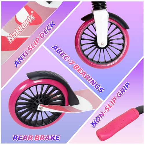 Image of Nattork Kick Scooter for Age 6+ Kids Teens Adults, Max Load 240 LBS, Adjustable Height Foldable with 8 inch Large Wheels, Anti-Shock Suspension