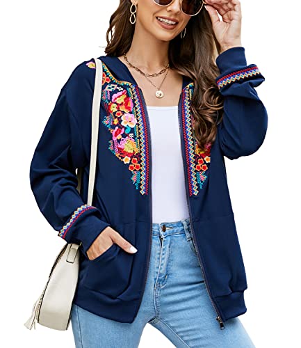 AK Women's Full Zip Long Sleeve Embroidered Sweatshirt Floral Boho Embroidered Mexican Hoodie Fall Winter Coat Tops Jackets