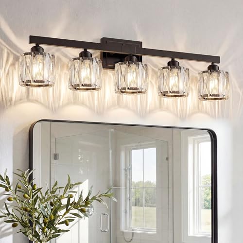 VOLISUN Crystal Vanity Lights for Bathroom 5 Light Bathroom Vanity Light Modern Matte Black Bathrooms Light Over Mirror Black Bathrooms Lights Fixtures-UL Certificated(Exclude Bulb)