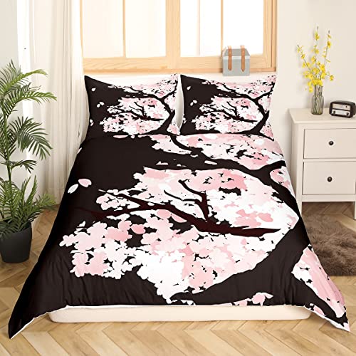 Cherry Blossoms Comforter Cover for Adult Women Japanese-Style Pink Duvet Cover Romantic Theme Bedding Collections Girls Boys Teens Botanical Flowers Bedding Set with 2 Pillowcases, Full Size
