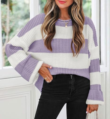 Image of ZESICA Womens Long Sleeve Oversized Striped Knitted Sweaters | Color Block Sweater,Crew Neck Sweater,Loose Fit Sweater,Ribbed Knit Pullover,2026 Fall Winter Sweater,Casual Going Out Top