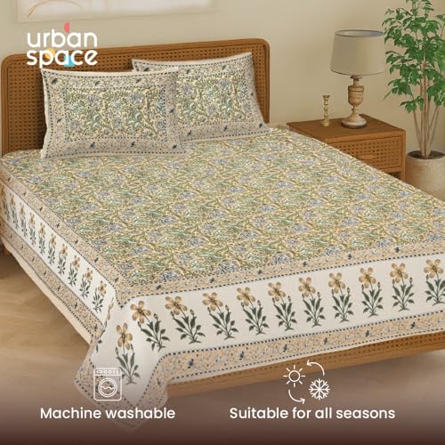Image of Urban Space 100% Cotton Jaipuri Handblock Printed King Size Bedsheet with 2 Pillow Covers, 200 TC Cotton King Bedsheet (105 x 105 Inches, Rangrez Yellow)