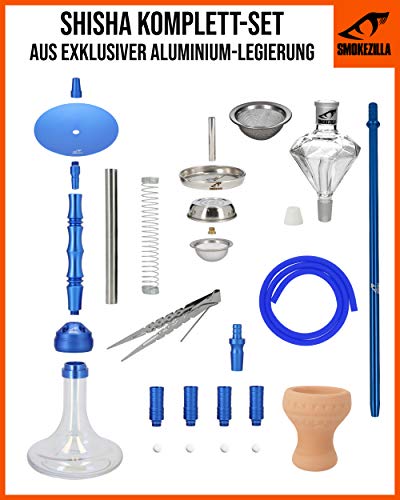 Smokezilla® MINYA Aluminium Shisha mit 4 Adaptern | Mit Shiny Clear Bowl ! (Blau Shiny Clear) – Bild 3