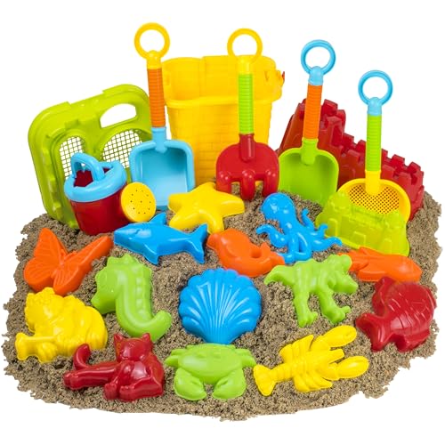 Kangaroo Beach Bucket Set for Kids - 23 Pcs Collapsible Sand Toys Set - Foldable Travel Pail and Shovel Set for Toddlers - Beach Essentials for Sand Castle Molds - Beach Toys for Kids Ages 4-8 & 8-12
