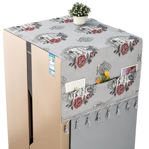 Image of HASTHIP 1Pcs Fridge Cover Floral Tassel Print Refrigerator Dust Cover with Pockets,26.3x55 Inches Polyester Dust Kitchen Refrigerator for Side-by-Side