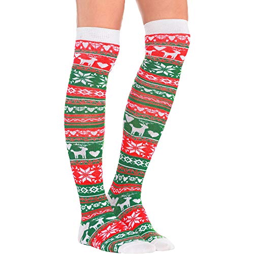 Amscan Unisex-Child Warm Christmas, Socks Sweater Style (Red, Green and White Stripes) Women Socks, Over the Knee (Reindeer, Snowflakes and Hearts)