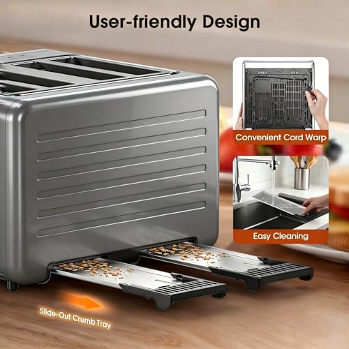Image of 4 Slice Toaster Wide Slot with Dual Digital Touchscreen, 1800W Smart Toaster Stainless Steel Independent Control Panel, Single Slot Mode Timer for Bagels Bread, 6 Toast Shades