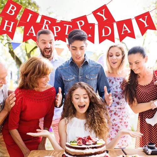 Image of Hooqict Red Happy Birthday Banner Sign for Backdrop Red Birthday Party Decorations for Women Men Party Supplies Wall Door Banner Garland Bunting Flag