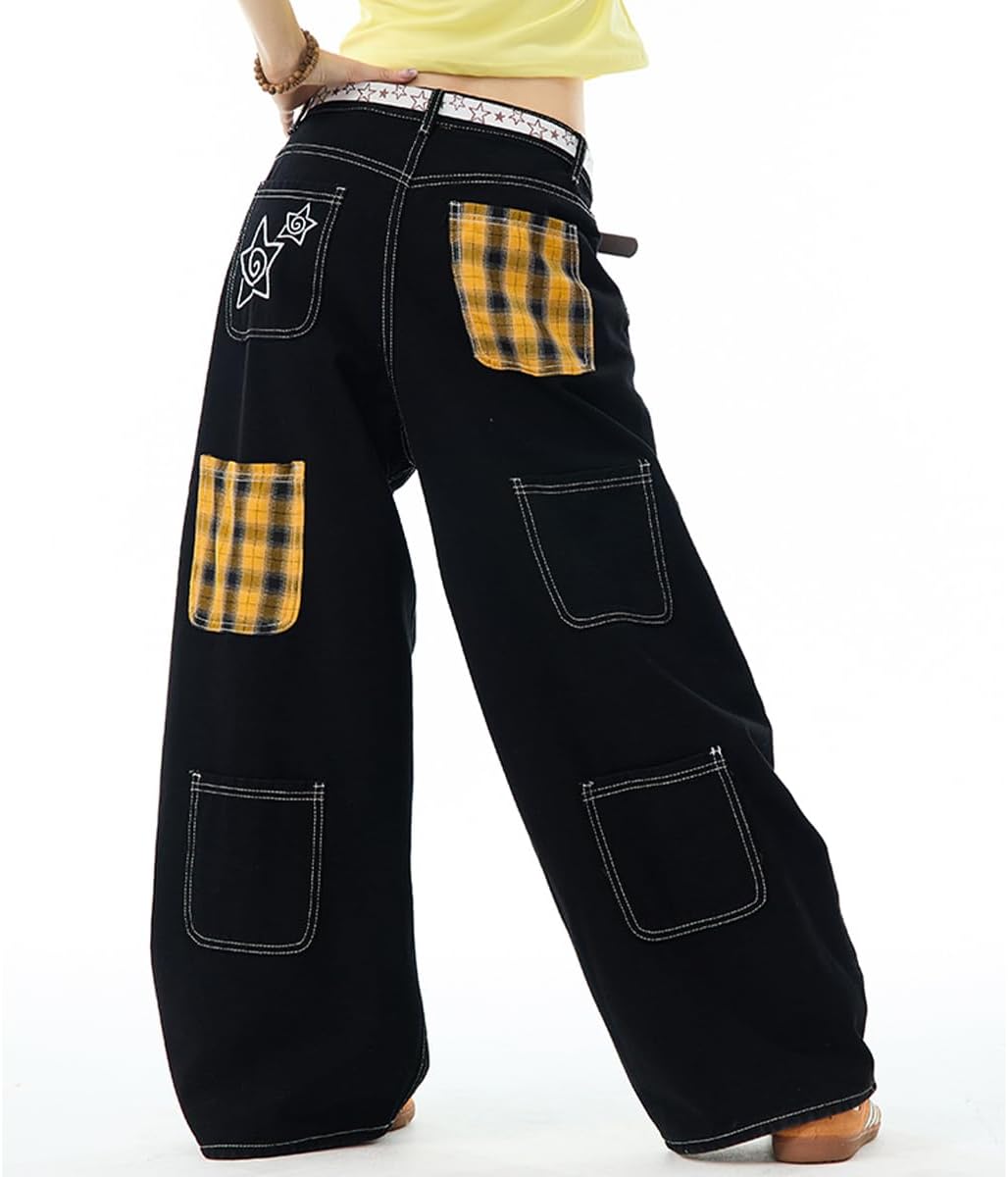 Vintage Y2K Wide Leg High Waisted Jeans Cute Embroidered Grid Patchwork Streetwear Multi-Pocket Denim Pants - Image 2