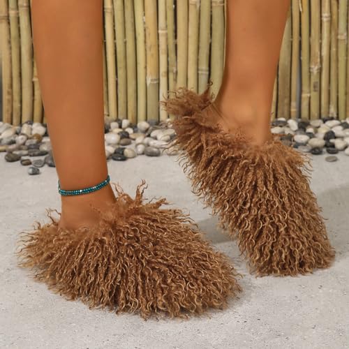 Image of Unisex Fuzzy Faux Fur Slippers, Women's Fluffy Long Hair Sheep Faux Fur Slip on Slides, Girls Luxury Big Fluffy Outdoor Flat Slippers, Long Curly Hair Non-Slip Warm Home Slide Shoes