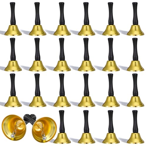 24 Pcs Hand Bells, Steel Metal Service Bells with Wooden Handle, Diatonic Musical Percussion Instruments for Church Wedding Christmas Party Dinner Calling, Gold
