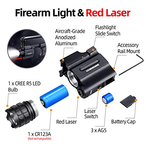 COSMOING Rail Mounted Pistol Red Laser Light Combo (Laser Sight Combo) & 600 Lumen Strobe Pistol Flashlight Rail Mount Gun Flashlight with Quick Release for Pistols Handguns,Gun Light,Pistol,Rifles - Thumbnail 3